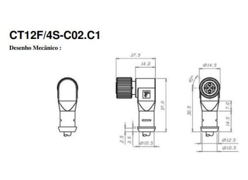 CT12F/4S-C02.C1 Cabo Conector para Sensor 90° 4 Pinos M12 2mts Femea  09.912.0201/003 Tecnotron