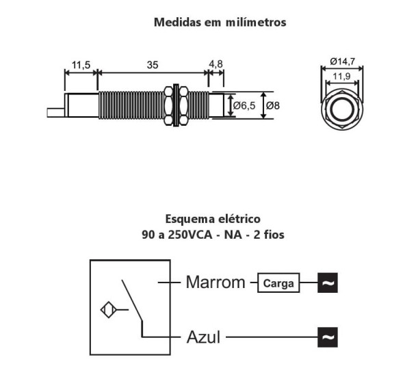 Sensor Indutivo Cilíndrico LM8-2002A M8 2 FIOS 220VAC NA - JNG