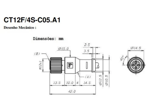 CT12F/4S-C05.A1 Cabo Conector para Sensor 180° 4 Pinos M12 5mts Femea 09.912.0102/003 Tecnotron