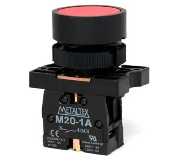 Botão Pulsador Faceado Plástico 22mm - Vermelho  1NA - Metaltex