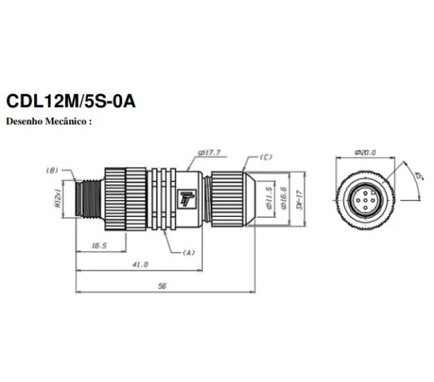 CDL12M/5S-OA - Conector Macho M12 5vias reto (s/cabo) 09.011.2401/000 – Tecnotron